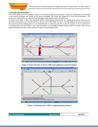 International Journal Of Computational Engineering Research (ijceronline.com) Vol. 2 Issue. 5



“4. Results and discussions”
The results are based on the simulations done on the non paced and paced techniques. Firstly, the simulations are performed
on non paced techniques and finally on the paced techniques. The results are compared to verify the performances. The
performance differentials are analyzed using throughput, delay, packet drops and buffer size.
As shown in the figure 2, due to the increased number of data packets being sent by the sending nodes packet drop occurs at
the bottle link between core_Router0 and Core_Router1 due to the buffer over flow. The data packets are not yet received at
the receivers but the sending process is not terminated but is continuing and due to this the receiver is not in a position to
accumulate them all at their buffers. This result the packets to get dropped instead of being stored at the buffer. Thus, losing
packets during transmission is like sending incomplete and meaningless data.




                   “Figure 2. Packets drop due to bursty traffic when applying non paced technique”




                            “Figure 3. Reducing bursty traffic by applying pacing technique”




Issn 2250-3005(online)                                         September| 2012                              Page1291
 