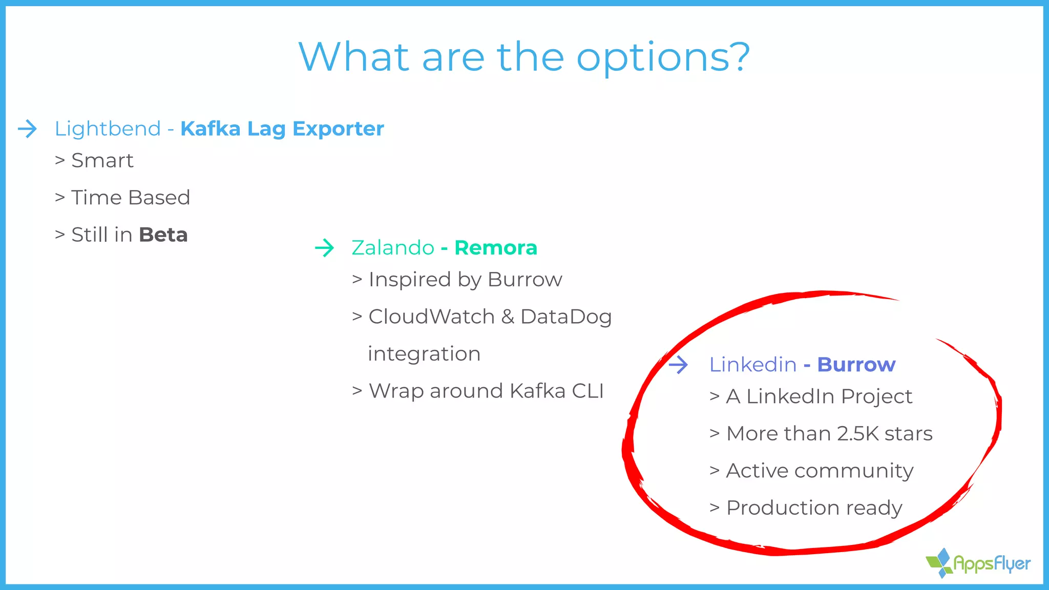 Linkedin - Burrow
> A LinkedIn Project
> More than 2.5K stars
> Active community
> Production ready
Lightbend - Kafka Lag Exporter
> Smart
> Time Based
> Still in Beta
Zalando - Remora
> Inspired by Burrow
> CloudWatch & DataDog
integration
> Wrap around Kafka CLI
What are the options?
 