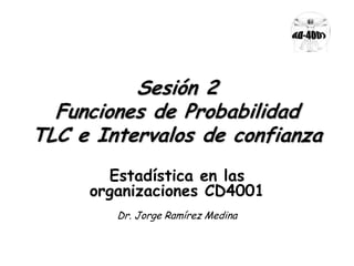 Sesión 2
Funciones de Probabilidad
TLC e Intervalos de confianza
Estadística en las
organizaciones CD4001
Dr. Jorge Ramírez Medina
 