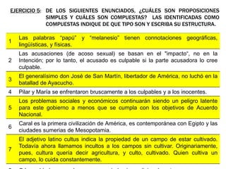 EJERCICIO 5: DE LOS SIGUIENTES ENUNCIADOS, ¿CUÁLES SON PROPOSICIONES
SIMPLES Y CUÁLES SON COMPUESTAS? LAS IDENTIFICADAS COMO
COMPUESTAS INDIQUE DE QUE TIPO SON Y ESCRIBA SU ESTRUCTURA.
1
Las palabras “papú” y “melanesio” tienen connotaciones geográficas,
lingüísticas, y físicas.
2
Las acusaciones (de acoso sexual) se basan en el "impacto“, no en la
Intención; por lo tanto, el acusado es culpable si la parte acusadora lo cree
culpable.
3
El generalísimo don José de San Martín, libertador de América, no luchó en la
batallad de Ayacucho.
4 Pilar y María se enfrentaron bruscamente a los culpables y a los inocentes.
5
Los problemas sociales y económicos continuarán siendo un peligro latente
para este gobierno a menos que se cumpla con los objetivos de Acuerdo
Nacional.
6
Caral es la primera civilización de América, es contemporánea con Egipto y las
ciudades sumerias de Mesopotamia.
7
El adjetivo latino cultus indica la propiedad de un campo de estar cultivado.
Todavía ahora llamamos incultos a los campos sin cultivar. Originariamente,
pues, cultura quería decir agricultura, y culto, cultivado. Quien cultiva un
campo, lo cuida constantemente.
 