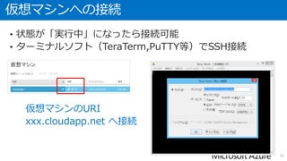 2.仮想マシン名、サイズ、認証方法
• 「仮想マシンの構成」では、仮想マシン名、サイズ、認証方法を選択
ユーザー名と、パスワードを設定
32
 