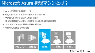 開発言語
アプリケーション
サービス
ネットワーク
サービス
コンピューティング
認証 システム連携 キャッシュ
データ
サービス
データ周辺
サービス
仮想ネットワーク
(VNet to VNet)
仮想ネットワーク
(Site to Site)
仮想ネットワーク
(Point to Site)
CDN キャッシュサービスバス キュー
BizTalk
サービス
多要素認証
Azure Active
Directory
アクセス コントロール
サービス
DR
サービス
Webサイト
(PaaS)
クラウドサービス
(PaaS)
仮想マシン
(IaaS)
モバイルサービス
(PaaS)
Blob テーブル SQL
データベース
StorSimple
メディアサービス
Visual Studio
オンライン
API管理 通知ハブ スケジューラ オートメーション サイト リカバリー
Intelligent Systems
Service (IoT)
HPC
ExpressRoute
(専用線)
Azure
サーチ
Traffic
Manager
Remote
App
Azure
バックアップ
HDInsight
(Hadoop)
ドキュメント
DB
マシン
ラーニング
Microsoft Azureの全体像と仮想マシン
 