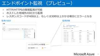 可用性セットとは
• 可用性セットを構成すると、異なる障害ドメインに仮想マシンが分離される
• 異なる障害ドメインは同時に停止しないよう別ラックに配置される
• ホストOSのアップグレードのメンテナンス時も同様に、同時停止しない
40
 