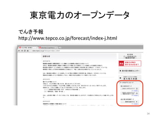東京電力のオープンデータ	
34	
でんき予報	
  
h=p://www.tepco.co.jp/forecast/index-­‐j.html	
 
