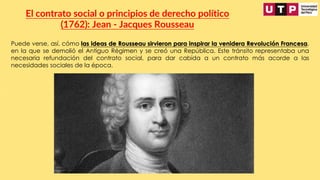 Puede verse, así, cómo las ideas de Rousseau sirvieron para inspirar la venidera Revolución Francesa,
en la que se demolió el Antiguo Régimen y se creó una República. Este tránsito representaba una
necesaria refundación del contrato social, para dar cabida a un contrato más acorde a las
necesidades sociales de la época.
El contrato social o principios de derecho político
(1762): Jean - Jacques Rousseau
 