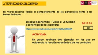 2. TEORÍA ECONÓMICA DEL CONTRATO
Enfoque Económico | Clase 6: La función
económica de los contratos
https://www.youtube.com/watch?v=HeMLmMf85DA
00:17:15
ACTIVIDAD:
En grupo, realicen dos ejemplos en los que se
evidencia la función económica de los contratos.
La microeconomía valora el comportamiento de los particulares frente a los
bienes limitados
 
