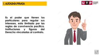 1. AUTONOMÍA PRIVADA
Es el poder que tienen los
particulares para regular sus
intereses, esta limitada por las
reglas de convivencia pacífica.
Instituciones y figuras del
Derecho vinculadas al contrato.
 