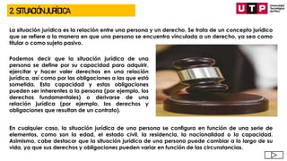 2. SITUACIÓN JURÍDICA
La situación jurídica es la relación entre una persona y un derecho. Se trata de un concepto jurídico
que se refiere a la manera en que una persona se encuentra vinculada a un derecho, ya sea como
titular o como sujeto pasivo.
Podemos decir que la situación jurídica de una
persona se define por su capacidad para adquirir,
ejercitar y hacer valer derechos en una relación
jurídica, así como por las obligaciones a las que está
sometida. Esta capacidad y estas obligaciones
pueden ser inherentes a la persona (por ejemplo, los
derechos fundamentales) o derivarse de una
relación jurídica (por ejemplo, los derechos y
obligaciones que resultan de un contrato).
En cualquier caso, la situación jurídica de una persona se configura en función de una serie de
elementos, como son la edad, el estado civil, la residencia, la nacionalidad o la capacidad.
Asimismo, cabe destacar que la situación jurídica de una persona puede cambiar a lo largo de su
vida, ya que sus derechos y obligaciones pueden variar en función de las circunstancias.
 