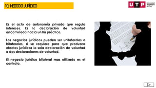 10. NEGOCIO JURÍDICO
Es el acto de autonomía privada que regula
intereses. Es la declaración de voluntad
encaminada hacia un fin práctico.
Los negocios jurídicos pueden ser unilaterales o
bilaterales, si se requiere para que produzca
efectos jurídicos la sola declaración de voluntad
o dos declaraciones de voluntad.
El negocio jurídico bilateral mas utilizado es el
contrato.
 