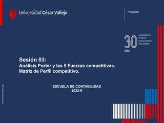 Sesión 03:
Análisis Porter y las 5 Fuerzas competitivas.
Matriz de Perfil competitivo.
ESCUELA DE CONTABILIDAD
2022-II
Pregrado
 