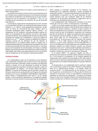 eﬁcacia de la infusión continua era similar a la del tratamiento con
bolos intermitentes23
.
Las tiacidas son diuréticos menos activos en el tratamiento de la
ICA. Pueden usarse cuando los pacientes con ICA parecen presentar
una respuesta insuﬁciente a los diuréticos de asa, lo que sucede a
menudo en caso de resistencia a los diuréticos17
(ﬁgura 2). La
combinación de metolazona con diuréticos de asa ha mostrado
gran eﬁcacia24
.
El mecanismo compensatorio neurohumoral en la ICA, activado
por el tratamiento diurético con estimulación del sistema nervioso
simpático y el sistema renina-angiotensina-aldosterona, puede
tener un efecto de conservación del gasto cardiaco, pero su
activación prolongada puede conllevar efectos nocivos25
. Los
antagonistas de los receptores mineralocorticoideos podrı́an ser
útiles en el tratamiento de los pacientes con ICA no solo porque
aumentan la diuresis, sino también porque atenúan los efectos de la
activación del sistema de la aldosterona a causa del empleo de
diuréticos de asa25,26
. Además, atenúan la depleción de potasio y
magnesio causada por los diuréticos de asa. No obstante, la
espironolactona es un diurético débil cuando se emplea sola, y
solamente puede utilizarse en combinación con diuréticos de asa. En
las fases muy iniciales de la ICA, debe usarse en dosis i.v. más altas
que las del tratamiento de mantenimiento. Esto limita su utilidad
debidoa que muchos pacientes con insuﬁciencia cardiacatienen una
enfermedad renal crónica que podrı́a agravarse con el uso de dosis
altas de antagonistas de los receptores mineralocorticoideos27
.
VASODILATADORES
Los vasodilatadores, junto con los diuréticos, son los fármacos
más comúnmente utilizados para la ICA en el SU. Estos fármacos
reducen la precarga, la poscarga o ambas al producir una dilatación
arterial y venosa, con lo que disminuye la presión de llenado
ventricular izquierda, aumenta el volumen de eyección y mejora el
aporte periférico de oxı́geno17
. Un reciente análisis del registro
ADHERE12
ha puesto de maniﬁesto que los pacientes tratados con
fármacos vasoactivos en un plazo de 6 h tras el ingreso en el hospital
presentan una tasa de mortalidad intrahospitalaria signiﬁcativa-
mente inferior y hospitalizaciones más cortas17
. En un estudio
llevado a cabo en pacientes ingresados en la unidad de cuidados
intensivos a causa de una ICA, el uso de dosis altas de nitroglicerina
(NTG) produjo la resolución inmediata de los sı́ntomas, con
disminución de la congestión pulmonar y menor necesidad de
ventilación mecánica28
. Las guı́as internacionales recomiendan usar
vasodilatadores en pacientes con ICA como adyuvante al trata-
miento diurético para una resolución rápida de los sı́ntomas
congestivos de los pacientes normotensos o hipertensos que no
presentan una valvulopatı́a obstructiva grave2,3,11
.
Los vasodilatadores más comúnmente utilizados en el trata-
miento de la ICA son la NTG, el nitroprusiato y la nesiritida.
La NTG es un nitrato orgánico que ejerce su acción mediante la
vasodilatación del músculo por acción del óxido nı́trico. Reduce las
presiones de llenado cardiacas y aumenta el gasto cardiaco. Se
utiliza principalmente para pacientes con presión arterial alta o
normal y para los que no responden o presentan una respuesta
parcial a los diuréticos. Se emplea con preferencia para pacientes
con sı́ndromes coronarios agudos. Su efecto es breve y rápido. La
dosis inicial debe ser de 10-20 mg/min y se aumenta en
incrementos de 10–20 mg hasta que los sı́ntomas del paciente
mejoran17,29
. No se debe superar la dosis de 200 mg/min. Un
estudio en el que se trató a pacientes con ICA utilizando NTG i.v.
sola o en combinación con furosemida puso de maniﬁesto que los
pacientes tratados con ambos fármacos tuvieron una estancia
hospitalaria más corta30
y disminución de péptidos natriuréticos y
alcanzaron una supervivencia a los 36 meses superior a la de los
pacientes tratados con uno de los dos fármacos solamente.
En el ensayo VMAC31
, los pacientes tratados con NTG i.v.
presentaron una mejora de la presión capilar pulmonar enclavada a
las 3 h de iniciarse el tratamiento. En un estudio pequeño de
comparación entre morﬁna más furosemida y NTG más acetilcis-
teı́na, tan solo se observaron pequeñas diferencias entre los grupos
detratamientoynoseaprecióventajaalgunaenungruporespectoal
otro32
.
El nitroprusiato es un vasodilatador directo, potente y rápido,
con un mecanismo similar al de la NTG. Requiere la interrupción
lenta de su administración debido a un posible rebote de
vasoconstricción29
. La administración de este fármaco se inicia
con 10 mg/min y se incrementa en 10–20 mg cada 10–20 min. Su
semivida es muy breve (2 min), lo que permite la instauración
inmediata en situaciones de emergencia17
. Son pocos los ensayos
clı́nicos en que se ha evaluado la eﬁcacia del nitroprusiato. En un
estudio retrospectivo, se observó una mejorı́a sustancial del ı́ndice
Reducción de
filtrado glomerular
Hiperfución de túbulo proximal
Hipertrofia del túbulo distal
Hiperfunción de
nefrona distal
Hiperfunción
del asa de Henle
Diuréticos de asa
Diuréticos
ahorradores de
K+/antagonistas
de la aldosterona
Inhibidores
de anhidrasa
carbónica
Tiacidas
Figura 2. Causas de la resistencia a los diuréticos.
S. Di Somma, L. Magrini / Rev Esp Cardiol. 2015;68(8):706–713
708
Document downloaded from https://www.revespcardiol.org/?ref=2100045888, day 20/04/2023. This copy is for personal use. Any transmission of this document by any media or format is strictly prohibited.
Document downloaded from https://www.revespcardiol.org/?ref=2100045888, day 20/04/2023. This copy is for personal use. Any transmission of this document by any media or format is strictly prohibited.
 