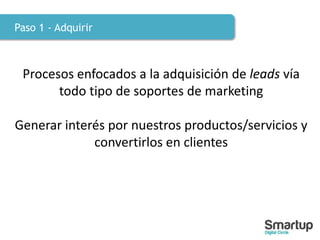 Paso 1 - Adquirir
Procesos enfocados a la adquisición de leads vía
todo tipo de soportes de marketing
Generar interés por nuestros productos/servicios y
convertirlos en clientes
 