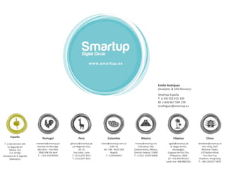 www.smartup.es
gblanco@smartup.pe
Las Begonias 552,
ofc 35
San Isidro, Lima
T.: (511) 637 3013
T.: (511) 637 3015
agala@smartup.ph
B. Nagac Street,
Kauswagan,
Cagayan de Oro City,
Philippines, 9000
CP: +63 9054451917
Land-Line: 088-8802561
info@smartup.es
C/ Segunda, 43,
oficina 132.
37188 Carbajosa
de la Sagrada
Salamanca
T.: (+34) 923 015 199
mteixeira@smartup.pt
Avenida da Noruega.
São Diniz – Vila Real.
5000-508 Vila Real
T.: +351 910539930
cllano@smartup.com.co
Calle 93
No. 19B - 66 Of 204
Bogotá
T.: 3104449453
rnunez@smartup.mx
Chihuahua 230,
Colonia Roma, México,
Distrito Federal, 11800
T.: (+52) 1 5539736899
desteban@smartup.es
Unit 1010, 10/F,
Miramar Tower,
132 Nathan Road,
Tsim Sha Tsui,
Kowloon, Hong Kong
T.: +86 136 0277 9697
España Portugal Perú Colombia México Filipinas China
Emilio Rodríguez
(Analytics & SEO Director)
Smartup España
T. (+34) 923 015 199
M. (+34) 667 594 159
erodriguez@smartup.es
España
T. (+34) 923 015 199
C/ Segunda 43
Oficina 132
C.P: 37188
Carbajosa de la Sagrada
Salamanca
 