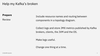 Help my Kafka’s broken
Prepare
Review
© 2020 IBM Corporation 2
Include resource names and routing between
components in a ...