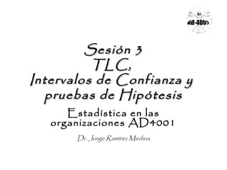 Sesión 3Sesión 3
TLC,TLC,
Intervalos de Confianza yIntervalos de Confianza y
pruebas de Hipótesispruebas de Hipótesis
Estadística en las
organizaciones AD4001
Dr. Jorge Ramírez Medina
 
