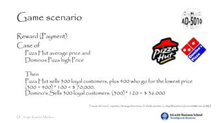 Dr. Jorge Ramírez Medina
Game scenario
Reward (Payment)
Case of
Pizza Hut average price and
Dominos Pizza high Price
Then
Pizza Hut sells 300 loyal customers, plus 400 who go for the lowest price
(300 + 400) * 100 = $ 70,000.
Domino's Sells 300 loyal customers. (300) * 120 = $ 36.000
Tomado del curso Competitive Strategy del professorTobiasKretschmer. Ludwig-Maximilians-UniversitätMünchen(LMU)
 