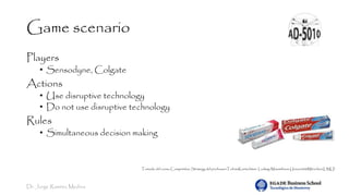 Dr. Jorge Ramírez Medina
Game scenario
Players
• Sensodyne, Colgate
Actions
• Use disruptive technology
• Do not use disruptive technology
Rules
• Simultaneous decision making
Tomado del curso Competitive Strategy del professorTobiasKretschmer. Ludwig-Maximilians-UniversitätMünchen(LMU)
 