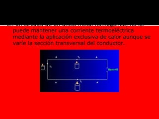 En un circuito de un único metal homogéneo, no se
puede mantener una corriente termoeléctrica
mediante la aplicación exclusiva de calor aunque se
varíe la sección transversal del conductor.
 
