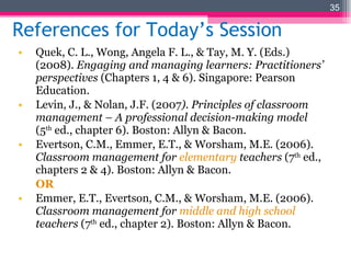 References for Today’s Session Quek, C. L., Wong, Angela F. L., & Tay, M. Y. (Eds.) (2008).  Engaging and managing learners: Practitioners’ perspectives  (Chapters 1, 4 & 6). Singapore: Pearson Education . Levin, J., & Nolan, J.F. (2007 ). Principles of classroom management – A professional decision-making model  (5 th  ed., chapter 6). Boston: Allyn & Bacon. Evertson, C.M., Emmer, E.T., & Worsham, M.E. (2006).  Classroom management for  elementary  teachers  (7 th  ed., chapters 2 & 4). Boston: Allyn & Bacon. OR Emmer, E.T., Evertson, C.M., & Worsham, M.E. (2006).  Classroom management for  middle and high school  teachers  (7 th  ed., chapter 2). Boston: Allyn & Bacon. 