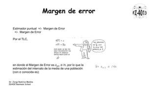 Margen de error
Dr. Jorge Ramírez Medina
EGADE Business School
Estimador puntual +/- Margen de Error
+/- Margen de Error
Por el TLC,
en donde el Margen de Error es zα/2 σ /n, por lo que la
estimación del intervalo de la media de una población
(con σ conocida es):
x+ zα/2 σ /√n
 