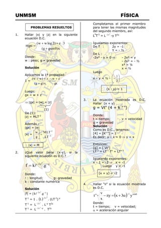 UNMSM FÍSICA
PROBLEMAS RESUELTOS
1. Hallar x y z en la siguiente
ecuación D.C.
x
)
gsen
g
(
3
z
)
2
log
w
w
(
tg







Donde:
w : peso; g = gravedad
Solución
Aplicamos la 1º propiedad:
1 =
gx
z
w
x
)
g
g
(
z
)
w
w
( 




Luego:
gx = w + z
 gx = w = z
(1)
De (1):
z = MLT-2
Además :
gx = w
x = 2
2
LT
MLT
g
w









 x = M
2. ¿Qué valor tiene (x-y), si la
siguiente ecuación es D.C.?
y
x
2
g
.
k
f
2


 
Donde:
 : longitud; g: gravedad
k : constante numérica
Solución
f =  y
x
2
g
.
k
2


 
T-1
= 1 .  
2
x
2
L

. (LT-2
)-y
T-1
= L
2
x
2

. L-y
T2y
T-1
= L
2
x
2
 -y
. T2y
Completamos el primer miembro
para tener las mismas magnitudes
del segundo miembro, así:
Lº
T-1
= L
2
x
2

-y T2y
Igualamos exponentes:
De T : 2y = -1
Y = - ½
De L :
-2x² - y = 0  - 2x² = y
- 2x² = - ½
x² = ¼
x = ½
Luego
x – y = ½ - 






2
1
(x - y) = 1
3. La ecuación mostrada es D.C.
Hallar (x + y)
g = Vtx
(4 + k y-x
)
Donde:
t = tiempo; v = velocidad
g = gravedad
Solución
Como es D.C., tenemos:
[4] = [Ky-x
] = 1
Es decir: y – x = 0  y = x
Entonces:
[g] = [ Vtx
]
LT-2
= LT-1
Tx
= LTx-1
Igualando exponentes:
x – 1 = -2  x = -1
Luego y = -1
 (x + y) = -2
4. Hallar “” si la ecuación mostrada
es D.C.
  





 sen
1
a
a
y
3
x
y
x
v
t
Donde:
t = tiempo; v = velocidad;
 = aceleración angular
 