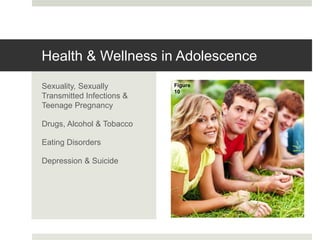 Health & Wellness in Adolescence
Sexuality, Sexually
Transmitted Infections &
Teenage Pregnancy
Drugs, Alcohol & Tobacco
Eating Disorders
Depression & Suicide
Figure
10
 