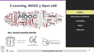 1
AGENDA
EDUCACIÓN A DISTANCIA
E-LEARNING
MOOC
OPEN EDX
E-Learning, MOOC y Open edX
Msc. Daniel Jaramillo Morillo
 