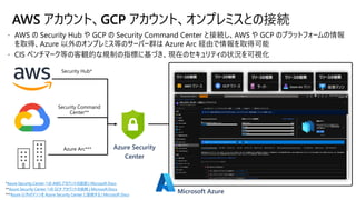  AWS の Security Hub や GCP の Security Command Center と接続し、AWS や GCP のプラットフォームの情報
を取得、Azure 以外のオンプレミス等のサーバー群は Azure Arc 経由で情報を取得可能
 CIS ベンチマーク等の客観的な規制の指標に基づき、現在のセキュリティの状況を可視化
AWS アカウント、GCP アカウント、オンプレミスとの接続
Azure Security
Center
Security Hub*
Security Command
Center**
*Azure Security Center への AWS アカウントの接続 | Microsoft Docs
**Azure Security Center への GCP アカウントの接続 | Microsoft Docs
***Azure 以外のマシンを Azure Security Center に接続する | Microsoft Docs
Azure Arc***
Microsoft Azure
 