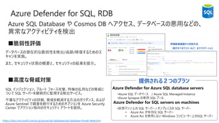 Azure Defender for Azure SQL database servers
•Azure SQL データベース / Azure SQL Managed Instance
•Azure Synapse の専用 SQL プール
Azure Defender for SQL servers on machines
•仮想マシン上の SQL サーバー / オンプレミスの SQL サーバー
• Azure Arc が有効な SQL サーバー
• Azure Arc を使用しない Windows コンピューター上のSQL サーバー
提供される２つのプラン
https://docs.microsoft.com/ja-jp/azure/sql-database/sql-database-threat-detection
SQL インジェクション、ブルート フォース攻撃、特権の乱用などの脅威に
ついて SQL サーバーを継続的に監視する検出サービス。
不審なアクティビティの詳細、脅威を軽減する方法のガイダンス、および
Azure Sentinel で調査を続行するためのオプションを Azure Security
Center でアクション指向のセキュリティ アラートを提供。
評価結果画面から対処方法
（実行すべきクエリーなど）までナビゲーション
 