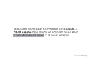 Todas estas figuras están determinadas por el círculo, y
Alberti explica cómo obtener las longitudes de sus lados
a partir del radio del círculo en el que se inscriben.
Elaborado por: Manuel Tóchez
arquitecto · máster en diseño industrial
mayo 2016
 
