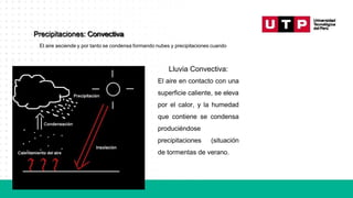 Precipitaciones: Convectiva
El aire asciende y por tanto se condensa formando nubes y precipitaciones cuando
Lluvia Convectiva:
El aire en contacto con una
superficie caliente, se eleva
por el calor, y la humedad
que contiene se condensa
produciéndose
precipitaciones (situación
de tormentas de verano.
 