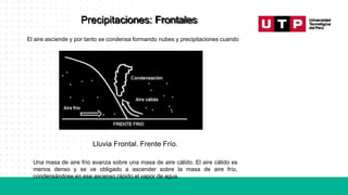 Precipitaciones: Frontales
El aire asciende y por tanto se condensa formando nubes y precipitaciones cuando
Lluvia Frontal. Frente Frío.
Una masa de aire frío avanza sobre una masa de aire cálido. El aire cálido es
menos denso y se ve obligado a ascender sobre la masa de aire frío,
condensándose en ese ascenso rápido el vapor de agua.
 