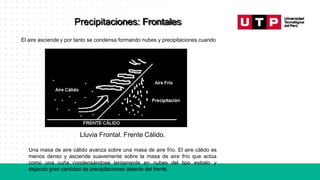 Precipitaciones: Frontales
El aire asciende y por tanto se condensa formando nubes y precipitaciones cuando
Lluvia Frontal. Frente Cálido.
Una masa de aire cálido avanza sobre una masa de aire frío. El aire cálido es
menos denso y asciende suavemente sobre la masa de aire frío que actúa
como una cuña condensándose lentamente en nubes del tipo estrato y
dejando gran cantidad de precipitaciones delante del frente.
 