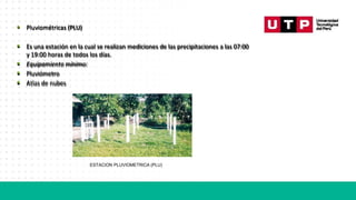 • Pluviométricas (PLU)
• Es una estación en la cual se realizan mediciones de las precipitaciones a las 07:00
y 19:00 horas de todos los días.
• Equipamiento mínimo:
• Pluviómetro
• Atlas de nubes
ESTACION PLUVIOMETRICA (PLU)
 