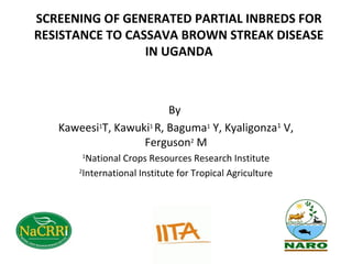 SCREENING OF GENERATED PARTIAL INBREDS FOR
RESISTANCE TO CASSAVA BROWN STREAK DISEASE
                 IN UGANDA



                         By
   Kaweesi1T, Kawuki1 R, Baguma1 Y, Kyaligonza1 V,
                   Ferguson2 M
       1
         National Crops Resources Research Institute
       2
        International Institute for Tropical Agriculture
 
