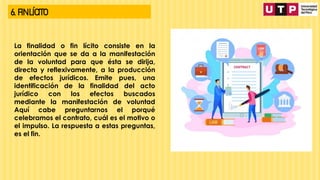 6. FIN LÍCITO
La finalidad o fin lícito consiste en la
orientación que se da a la manifestación
de la voluntad para que ésta se dirija,
directa y reflexivamente, a la producción
de efectos jurídicos. Emite pues, una
identificación de la finalidad del acto
jurídico con los efectos buscados
mediante la manifestación de voluntad
Aquí cabe preguntarnos el porqué
celebramos el contrato, cuál es el motivo o
el impulso. La respuesta a estas preguntas,
es el fin.
 
