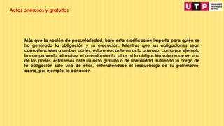 Más que la noción de pecuniariedad, bajo esta clasificación importa para quién se
ha generado la obligación y su ejecución. Mientras que las obligaciones sean
consustanciales a ambas partes, estaremos ante un acto oneroso, como por ejemplo
la compraventa, el mutuo, el arrendamiento, otros; si la obligación solo recae en una
de las partes, estaremos ante un acto gratuito o de liberalidad, sufriendo la carga de
la obligación solo una de ellas, entendiéndose el resquebrajo de su patrimonio,
como, por ejemplo, la donación
Actos onerosos y gratuitos
 