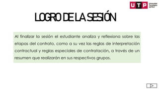 Al finalizar la sesión el estudiante analiza y reflexiona sobre las
etapas del contrato, como a su vez las reglas de interpretación
contractual y reglas especiales de contratación, a través de un
resumen que realizarán en sus respectivos grupos.
LOGRO DE LA SESIÓN
 
