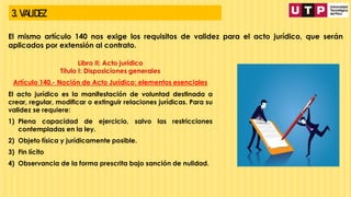 3. VALIDEZ
El mismo artículo 140 nos exige los requisitos de validez para el acto jurídico, que serán
aplicados por extensión al contrato.
Libro II: Acto jurídico
Título I: Disposiciones generales
Artículo 140.- Noción de Acto Jurídico: elementos esenciales
El acto jurídico es la manifestación de voluntad destinada a
crear, regular, modificar o extinguir relaciones jurídicas. Para su
validez se requiere:
1) Plena capacidad de ejercicio, salvo las restricciones
contempladas en la ley.
2) Objeto física y jurídicamente posible.
3) Fin lícito
4) Observancia de la forma prescrita bajo sanción de nulidad.
 