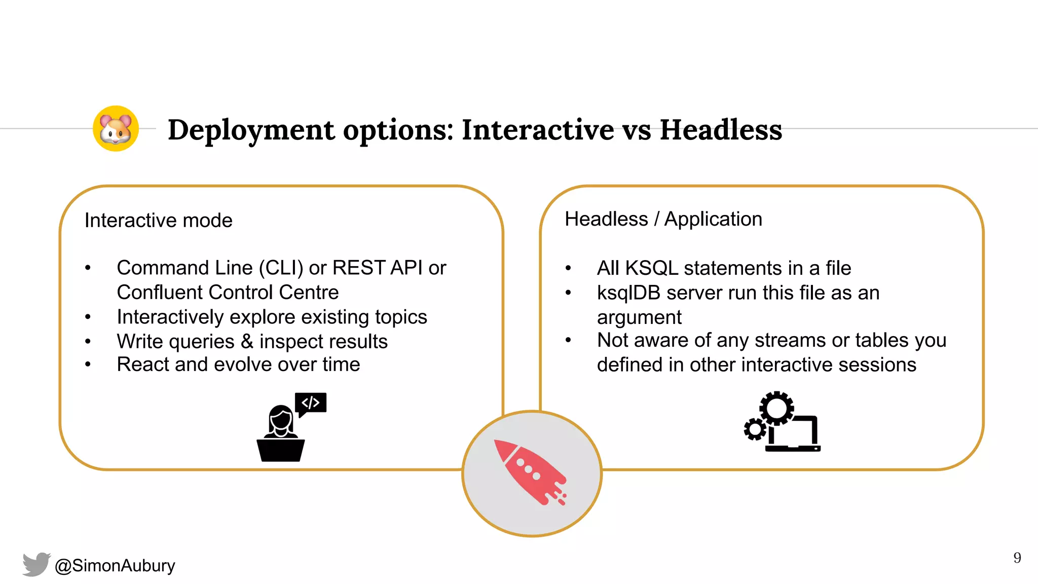 @SimonAubury
Deployment options: Interactive vs Headless
9
Headless / Application
• All KSQL statements in a file
• ksqlDB server run this file as an
argument
• Not aware of any streams or tables you
defined in other interactive sessions
Interactive mode
• Command Line (CLI) or REST API or
Confluent Control Centre
• Interactively explore existing topics
• Write queries & inspect results
• React and evolve over time
 
