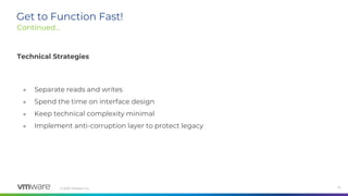 © 2020 VMware, Inc. 10
Get to Function Fast!
Continued...
Technical Strategies
● Separate reads and writes
● Spend the time on interface design
● Keep technical complexity minimal
● Implement anti-corruption layer to protect legacy
 