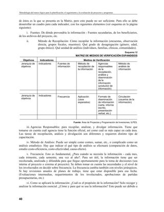 Metodología del marco lógico para la planificación, el seguimiento y la evaluación de proyectos y programas
de éstos es la que se presenta en la Matriz, pero esto puede no ser suficiente. Para ello se debe
desarrollar un cuadro para cada indicador, con los siguientes elementos (ver esquema en la página
siguiente):
i. Fuentes: De dónde provendría la información - Fuentes secundarias, de los beneficiarios,
de los archivos del proyecto, etc.
ii. Método de Recopilación: Cómo recopilar la información (encuestas, observación
directa, grupos focales, muestreo). Qué grado de desagregación (género, edad,
grupo étnico). Qué unidad de análisis (individuos, familias, clínicas, comunidades).
Esquema 12
MATRIZ DE MEDIOS DE VERIFICACIÓN EXPANDIDOS
Objetivos Indicadores Medios de Verificación
Jerarquía de
objetivos
Indicadores Fuentes de
información
Método de
recopilación de
la información
Agencias
responsables
de la
recopilación,
análisis y
diseminación
de la
información
(productor de
información)
Método de
análisis de
información
Jerarquía de
objetivos
Indicadores Frecuencia Aplicación
(usos
esperados)
Formato de
diseminación
de información
(carta, informe
escrito,
presentación
verbal, etc.)
Circulación
(usuarios de la
información)
Fuente: Área de Proyectos y Programación de Inversiones, ILPES.
iii. Agencias Responsables: para recopilar, analizar, y divulgar información. Tiene que
tomarse en cuenta cuál agencia tiene la función oficial, así como cuál es más capaz en cada área.
Las tareas de recopilación, análisis y divulgación son diferentes y requieren distinto tipo de
capacitación.
iv. Método de Análisis: Puede ser simple como conteo, sumar, etc., o complicado como un
análisis estadístico. Hay que indicar el qué tipo de análisis se efectuará (comparación de datos,
estudio costo-eficiencia, costo-efectividad, causa-efecto).
v. Frecuencia: Esto es fundamental, ¿Para cuándo se necesita la información - cada mes,
cada trimestre, cada semestre, una vez al año?. Para ser útil, la información tiene que ser
recolectada, analizada y difundida para que llegue oportunamente para la toma de decisiones (sea
interna al proyecto o externa al proyecto). Se deben tomar en cuenta las necesidades y el nivel de
los involucrados en decidir sobre frecuencia. La frecuencia cambia también con niveles jerárquicos.
Si hay revisiones anuales de planes de trabajo, tiene que estar disponible para esa fecha.
(Evaluaciones intermedias, requerimientos de los involucrados, aprobaciones de partidas
presupuestarias, etc.)
vi. Como se aplicará la información: ¿Cuál es el propósito de la información? Solo recoger y
analizar la información esencial. ¿Cómo y para qué se usa la información? Esto puede ser debido a
40
 