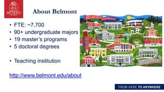 About Belmont
• FTE: ~7,700
• 90+ undergraduate majors
• 19 master’s programs
• 5 doctoral degrees
• Teaching institution
http://www.belmont.edu/about
 