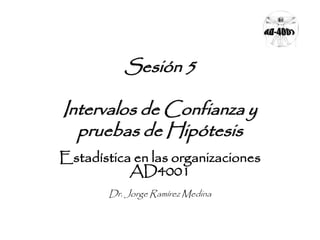 Sesión 5 
Intervalos de Confianza y 
pruebas de Hipótesis 
Estadística en las organizaciones 
AD4001 
Dr. Jorge Ramírez Medina 
 
