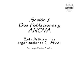 Sesión 5Sesión 5
Dos Poblaciones yDos Poblaciones y
ANOVAANOVA
Estadística en las
organizaciones CD4001
Dr. Jorge Ramírez Medina
 