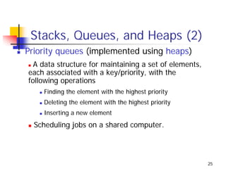 Stacks, Queues, and Heaps (2)
Priority queues (implemented using heaps)
  A data structure for maintaining a set of elements,
each associated with a key/priority, with the
following operations
    Finding the element with the highest priority
    Deleting the element with the highest priority
    Inserting a new element
  Scheduling jobs on a shared computer.




                                                        25
 
