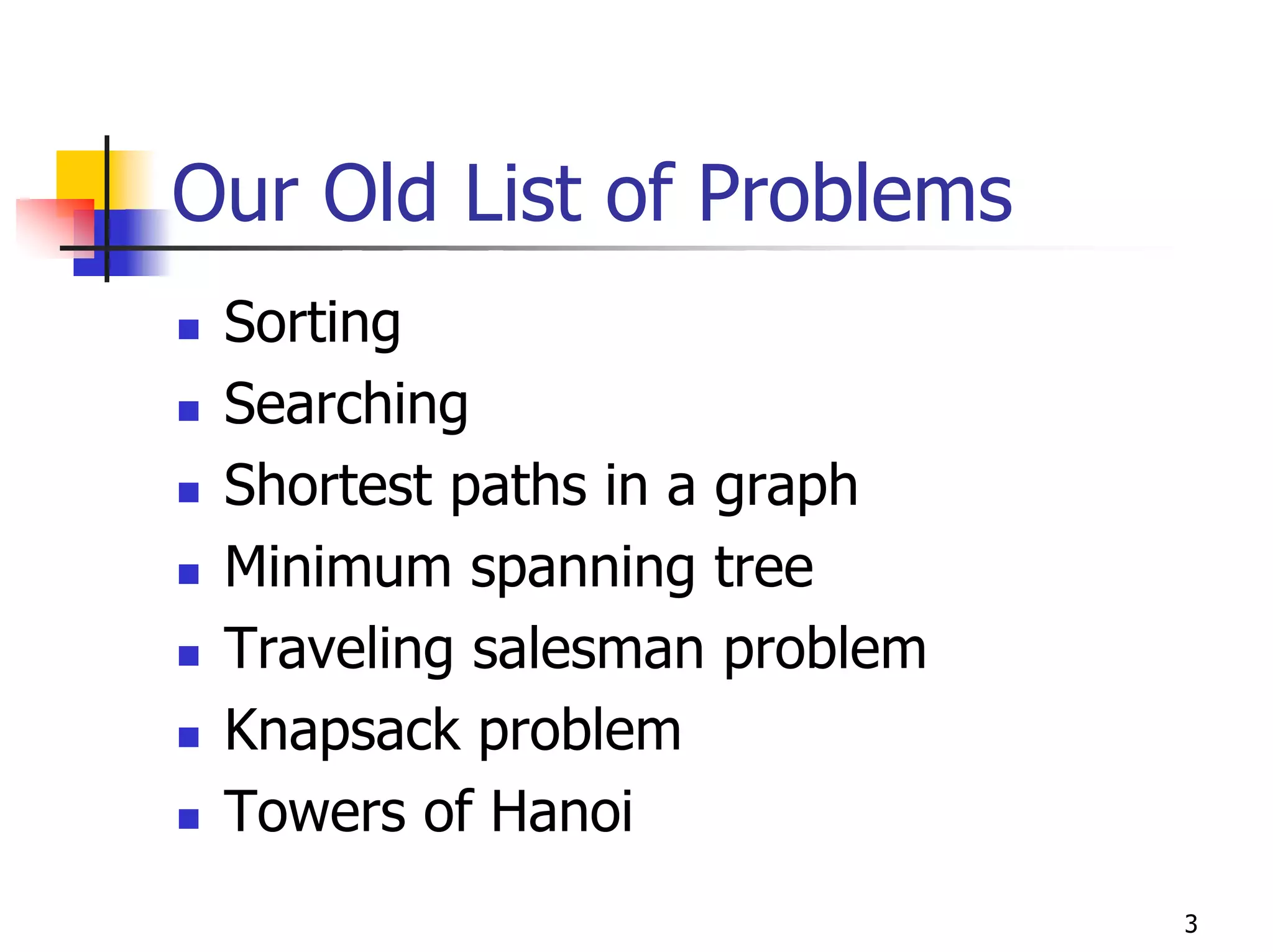 Our Old List of Problems
 Sorting
 Searching
 Shortest paths in a graph
 Minimum spanning tree
 Traveling salesman problem
 Knapsack problem
 Towers of Hanoi
                              3
 