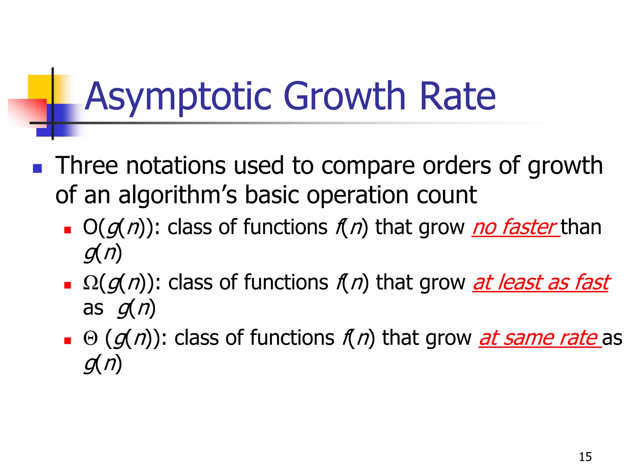 Asymptotic Growth Rate
Three notations used to compare orders of growth
of an algorithm’s basic operation count
  O(g(n)): class of functions f(n) that grow no faster than
  g(n)
  Ω(g(n)): class of functions f(n) that grow at least as fast
  as g(n)
  Θ (g(n)): class of functions f(n) that grow at same rate as
  g(n)



                                                        15
 