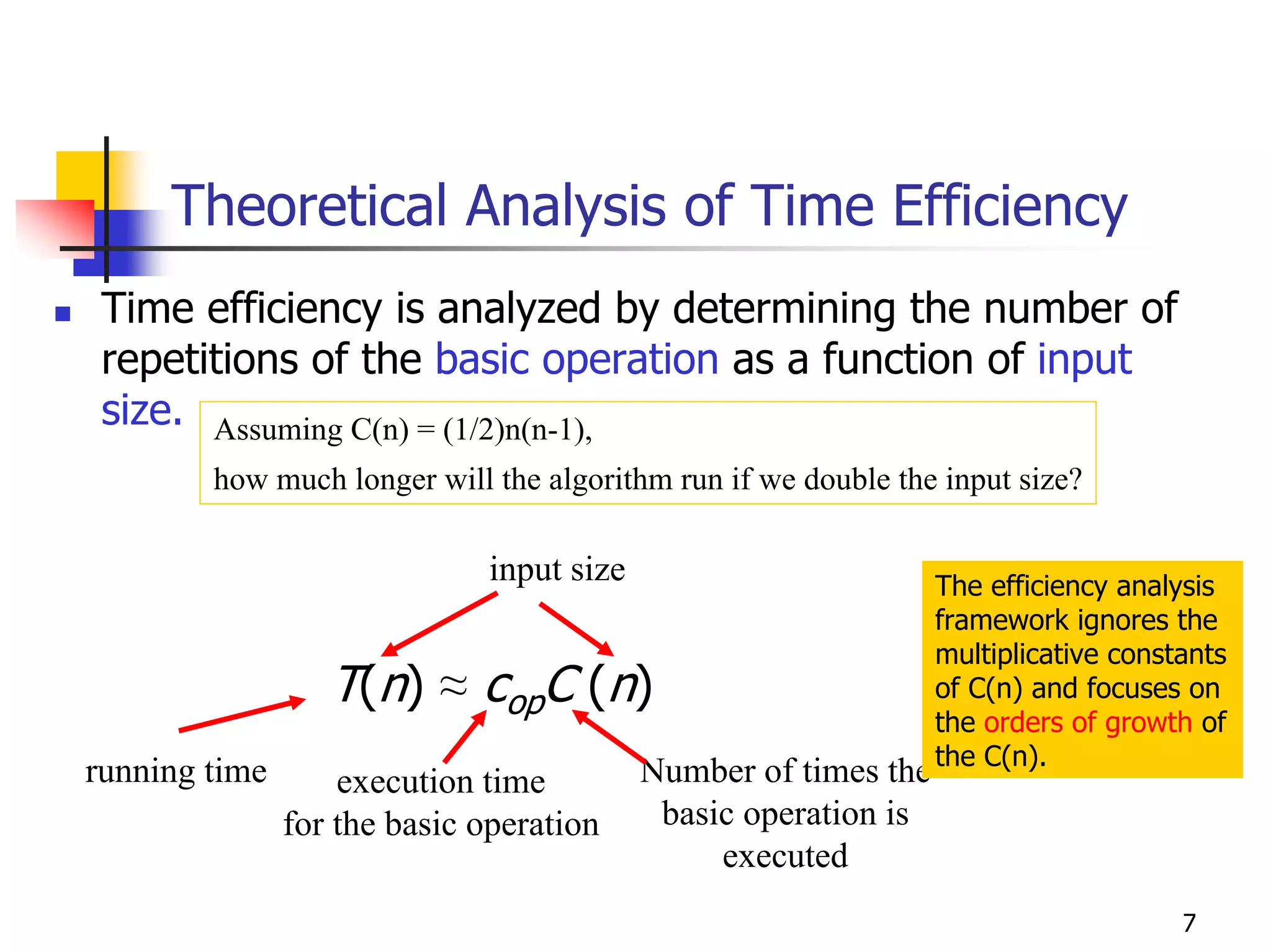 Theoretical Analysis of Time Efficiency
 Time efficiency is analyzed by determining the number of
 repetitions of the basic operation as a function of input
 size. Assuming C(n) = (1/2)n(n-1),
        how much longer will the algorithm run if we double the input size?

                             input size                         The efficiency analysis
                                                                framework ignores the
                                                                multiplicative constants
                  T(n) ≈ copC (n)                               of C(n) and focuses on
                                                                the orders of growth of
                                                                the C(n).
running time       execution time         Number of times the
               for the basic operation     basic operation is
                                               executed
                                                                                    7
 