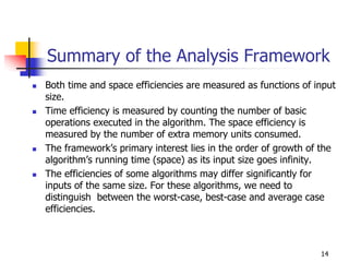 Summary of the Analysis Framework
Both time and space efficiencies are measured as functions of input
size.
Time efficiency is measured by counting the number of basic
operations executed in the algorithm. The space efficiency is
measured by the number of extra memory units consumed.
The framework’s primary interest lies in the order of growth of the
algorithm’s running time (space) as its input size goes infinity.
The efficiencies of some algorithms may differ significantly for
inputs of the same size. For these algorithms, we need to
distinguish between the worst-case, best-case and average case
efficiencies.



                                                               14
 